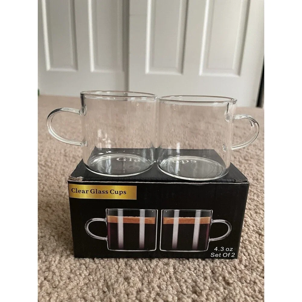 Set of 2 Clear Glass Espresso Cups 4.3 oz Coffee Mug Handle Glassware